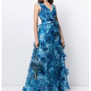 Marchesa Notte VNeck Printed Organza 3D Appliques Gown Blue Multi
